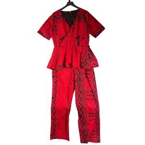 Vintage Costume Red Peplum Wrap Jumpsuit African Batik Acacia Tree Print Tall XL